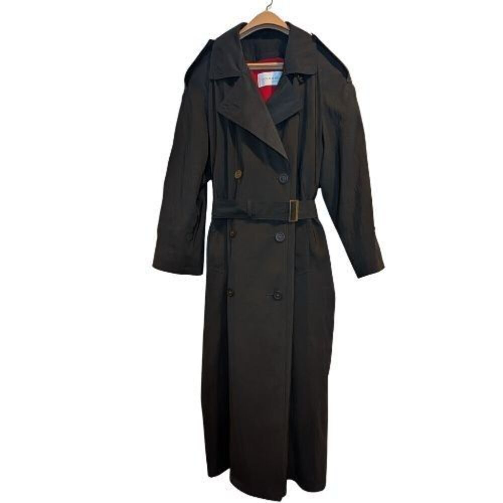 Jones New York Belted Double-Breasted Black Trench Coat Women w/ Back Pleat 80s